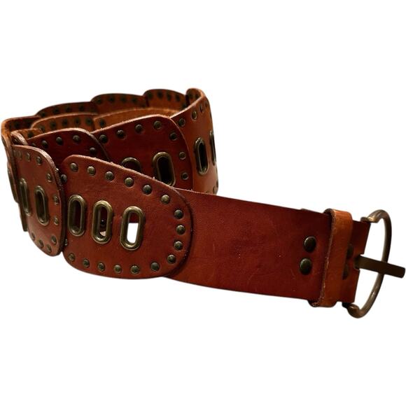 FOSSIL Brown Genuine Leather Boho Belt Cutouts Bronze Metal Studs Size M Women’s main image 6